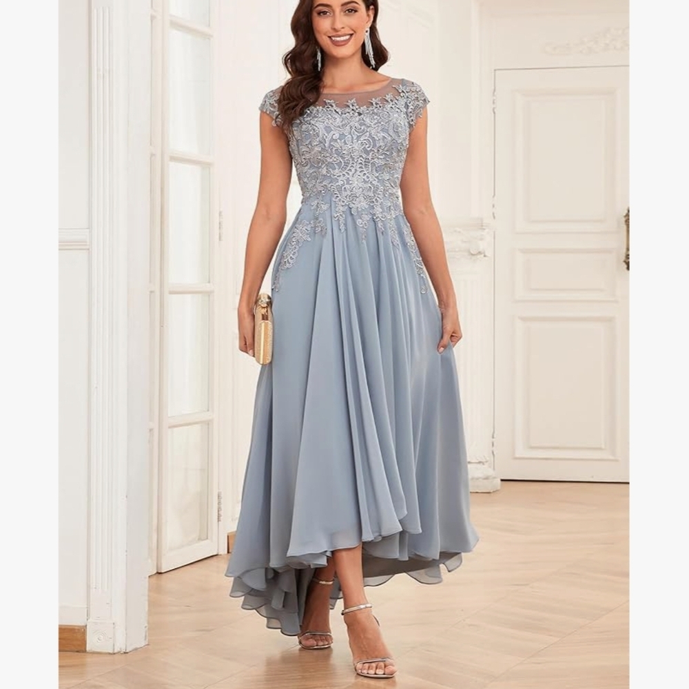 Elegant Tea Length Blue Lace Evening Gown With Pockets - Picture 6 of 7